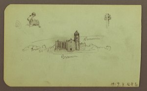 Tekening, heuvels, kerk, brug; Verso: figuur, kruis, kerk, 1883 door Frederic Edwin Church