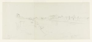 Landschapsgezicht op Rome vanaf de oevers van de Tiber, met verre uitzichten op het kasteel Sant Angelo, de villa van Claude en de Sint-Pietersbasiliek, deel 1 door Frederic Edwin Church