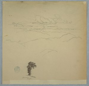 Berglandschap met ondergaande zon en een boom, Jamaica