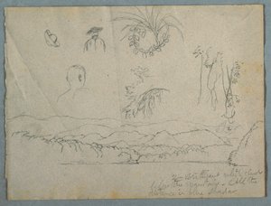 Rivieroever met bergen en wolken, drie botanische schetsen en bustestudies van mannen met hoeden door Frederic Edwin Church