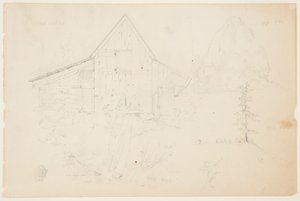 Schets van een schuur en hooiberg door Frederic Edwin Church