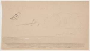 Schetsen uit Labrador van sneeuw op land, man in boot en vogel door Frederic Edwin Church