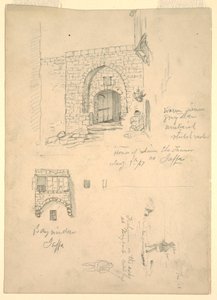 Schetsen van het huis van Semon de leerlooier, Jaffa, Palestina [Tel-Aviv, Israël] en vissers op de rotsen bij Beiroet, Syrië [Beiroet, Libanon] door Frederic Edwin Church