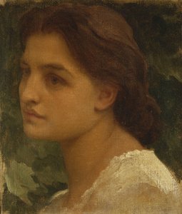 Portret van een jonge dame, kleine buste lengte, gekleed in een witte jurk