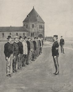 Een Eerste Les in de Kunst van de Oorlog. Rekruten voor de Twee Extra Artillerieregimenten op Fort Slocum, Davids Island, Long Island Sound door Frederic Remington