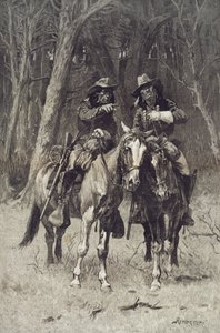 Cheyenne verkenners patrouilleren in het grote bos van de Noord-Canadees, Oklahoma, 6 april