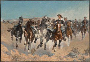 Afgestegen: de soldaten van het vierde regiment verplaatsen de aan de hand geleide paarden door Frederic Remington