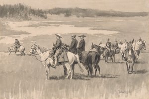 Aan de Bronwateren--Burgess Vindt een Voorde, ca. 1893 door Frederic Remington