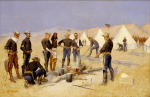 Kerstbief roosteren in een cavaleriekamp door Frederic Remington