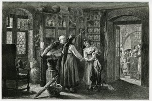 Bij de apotheker van het dorp Kaysersberg (of Kaisersberg, Elzas), een spoedconsultatie. Gravure door F. Lix, ter illustratie van het verhaal 