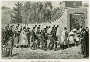 Begrafenis van een mijnwerker. Gravure door Lix, ter illustratie van het verhaal 