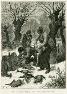 Eenden vangen in het net. Gravure door Lix, ter illustratie van het verhaal 