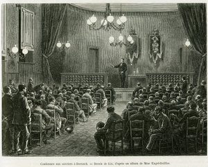 Conferentie voor de arbeiders van de Dollfus Mieg-werkplaatsen, in Dornach. Gravure door Lix ter illustratie van het verhaal 