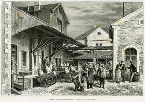 Zuivel in de Melkhal van Mulhouse. Gravure door Lix ter illustratie van het verhaal 