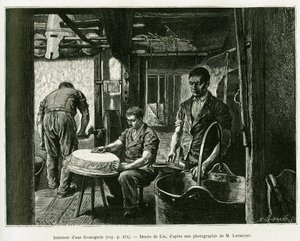 Binnen in een kaasfabriek. Gravure door Lix, ter illustratie van het verhaal Door de Elzas en Lotharingen, door Charles Grad, Duitse afgevaardigde, in 1885, in de tour du monde 1887, onder leiding van Edouard Charton (1807-1890), Hachette, Parijs.