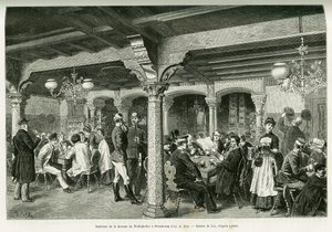 Interieur van de Tiefenkeller taverne in Straatsburg. Gravure door Lix, ter illustratie van het verhaal Door de Elzas en Lotharingen, in 1887, door Charles Grad, Duitse afgevaardigde, in de tour du monde 1888, onder leiding van Edouard Charton (1807-1890), door Frederic Theodore Lix