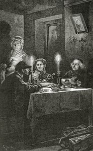 Jean Valjean wordt ontvangen en verzorgd door bisschop Myriel, 19e eeuw door Frederic Theodore Lix