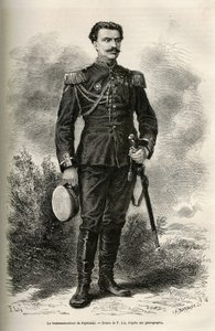 Portret van de reiziger en verteller luitenant-kolonel van Prjewalski, tekening door F. Lix ter illustratie van de reis naar Mongolië en het land van de Tanguten van 1870 tot 1873, door luitenant-kolonel van Prjewalski. Gravure in 