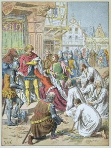 Belegering van Calais door Edward III in 1346 - 1347. Koningin Philippa van Henegouwen smeekte haar bruidegom om de bourgeois van Calais gratie te verlenen.