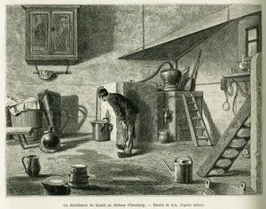 De distillatie van de kirsch in het kasteel van Isenburg. Gravure door Lix, ter illustratie van het verhaal 