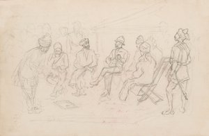 De ontmoeting tussen Cavagnari en de Khan van Lalpura in Dakka in februari 1879