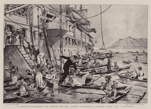 Een Brits slagschip in Samoaanse wateren, inheemse handelaren die fruit en groenten verhandelen