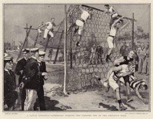Een maritieme atletiekbijeenkomst, het beklimmen van het torpedonet in de hindernisrace door Frederic de Haenen