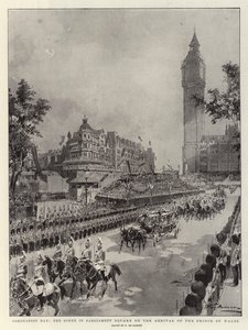 Kroningsdag, het tafereel op Parliament Square bij de aankomst van de Prins van Wales door Frederic de Haenen