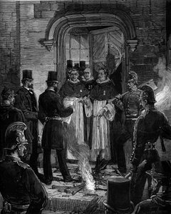 Uitdrijving van Dominicanen uit Rue de Jean de Beauvais in Parijs na de decreten van maart 1880 genomen door Jules Ferry en het verwijderen van het recht om leden van niet-erkende religieuze congregaties les te geven: het voorlezen van de kennisgeving van 