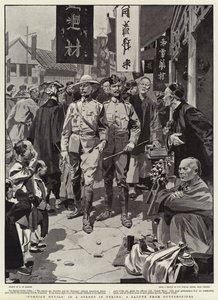 Buitenlandse duivels in een straat in Peking, een groet van straatjongens door Frederic de Haenen