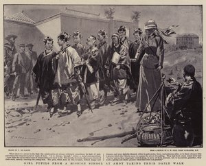 Meisjesleerlingen van een missieschool in Amoy tijdens hun dagelijkse wandeling door Frederic de Haenen