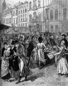 Historische viering van de herdenking van het beleg van Lille in 1792: de Braderie Watteau in de straten van de stad met de modieuze inwoners van de 18e eeuw. Gravure door De Haenen in Le Monde Illustré nr. 1334 van 21 oktober