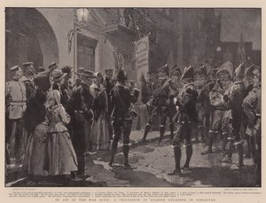Ten Bate van het Oorlogsfonds, een Processie van Spaanse Studenten in Gibraltar