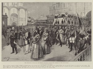 De kroning van de tsaar, de keizerlijke processie verlaat de kathedraal van de Aankondiging door Frederic de Haenen