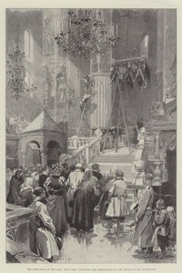 De kroning van de tsaar, het publiek inspecteert de voorbereidingen in de Kerk van de Hemelvaart door Frederic de Haenen