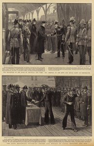Het vertrek van de hertog van Cornwall en York, de aankomst van de koning en het koninklijk gezelschap in Portsmouth, de koning die Victoriaanse orden en medailles uitreikt aan marineofficieren en mannen door Frederic de Haenen