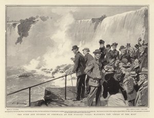 De hertog en hertogin van Cornwall bij de Niagara Falls, kijkend naar het Kind van de Mist