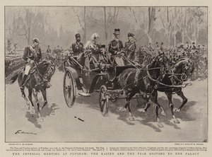 De keizerlijke ontmoeting in Potsdam, de keizer en de tsaar rijden naar het paleis door Frederic de Haenen