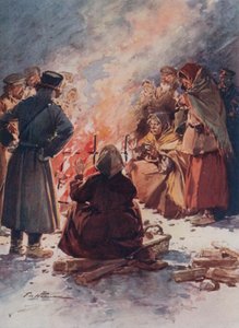 De armen van Moskou warmen zich bij straatvuren in de winter