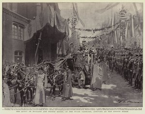 De koningin van Nederland en prins Hendrik, in de staatskoets, arriverend bij de Groote Kerk door Frederic de Haenen