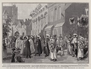 De herinwijding van de kerk van het gerestaureerde kasteel van Marienburg, de processie van ridders door Frederic de Haenen