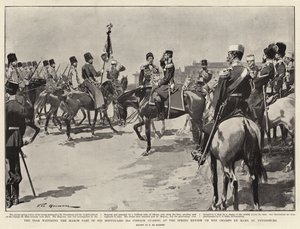 De tsaar kijkt naar de mars van zijn lijfwacht (2e Kozakkenwacht) tijdens de lentereview op de Champs de Mars, St. Petersburg door Frederic de Haenen