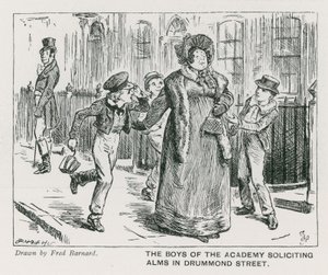 De jongens van de Wellington House Academy bedelen om aalmoezen in Drummond Street (gravure)
