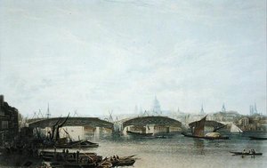 Een Uitzicht op de Southwark Bridge zoals het verscheen in mei 1818, gegraveerd door W. Bennett naar een tekening van het origineel door W.H. Timms
