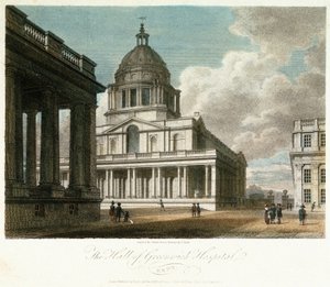 Uitzicht op Greenwich Hospital (Kent, Engeland), beschrijving van de koepel en de noordoostelijke hoek van het hof van koning Willem, met de noordgevel van de geschilderde hal erachter, en met een deel van de binnenplaats en kapel van koningin Mary door Frederick (after) Nash