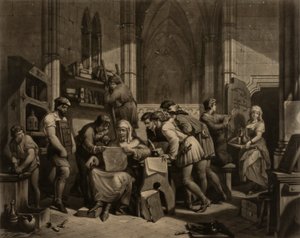 William Caxton - Eerste proefdruk van zijn drukpers in Westminster Abbey, 1474 na Christus. door Frederick Bacon