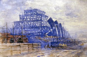 De bouw van de treinschuur, St. Pancras Station door Frederick Barnard