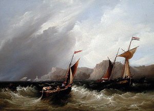 Schepen voor een rotsachtige kustlijn door Frederick Calvert