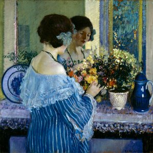 Meisje in Blauw Schikt Bloemen