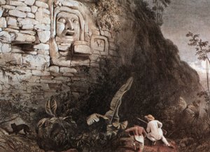 Jager en zijn gids voor het Maya-hoofd van Itzam Na door Frederick Catherwood